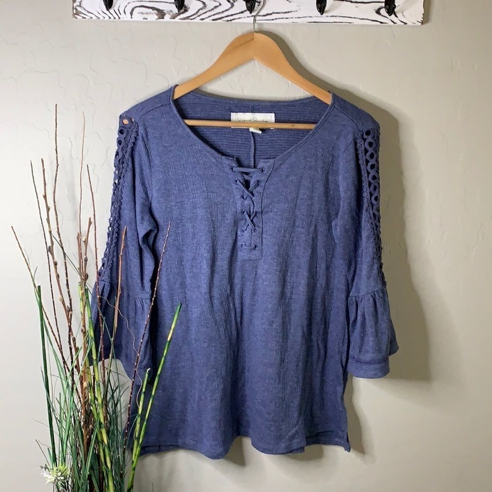 FRENCH laundry size sm. bell sleeves crisscross detailing soft denim blue color